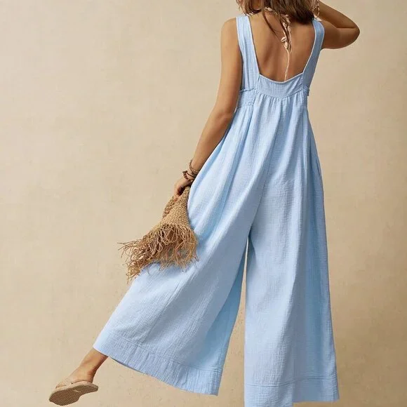 Baby Blue Casual Women's Wide Strap Loose Jumpsuit - Picture 2 of 7